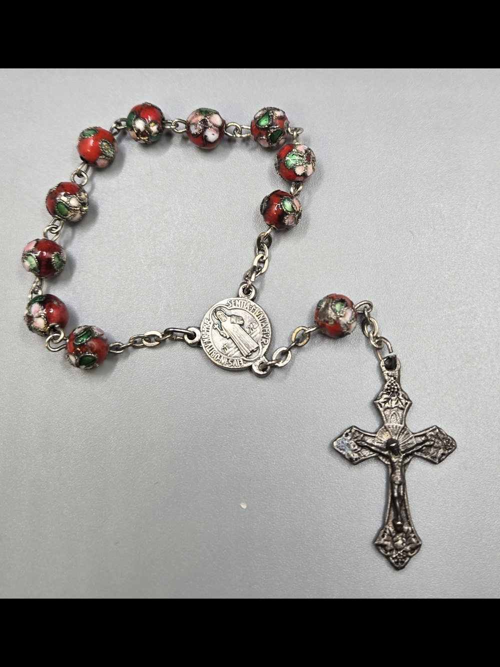 Vintage Cloisonné Bead Rosary Single Decade Silver Tone